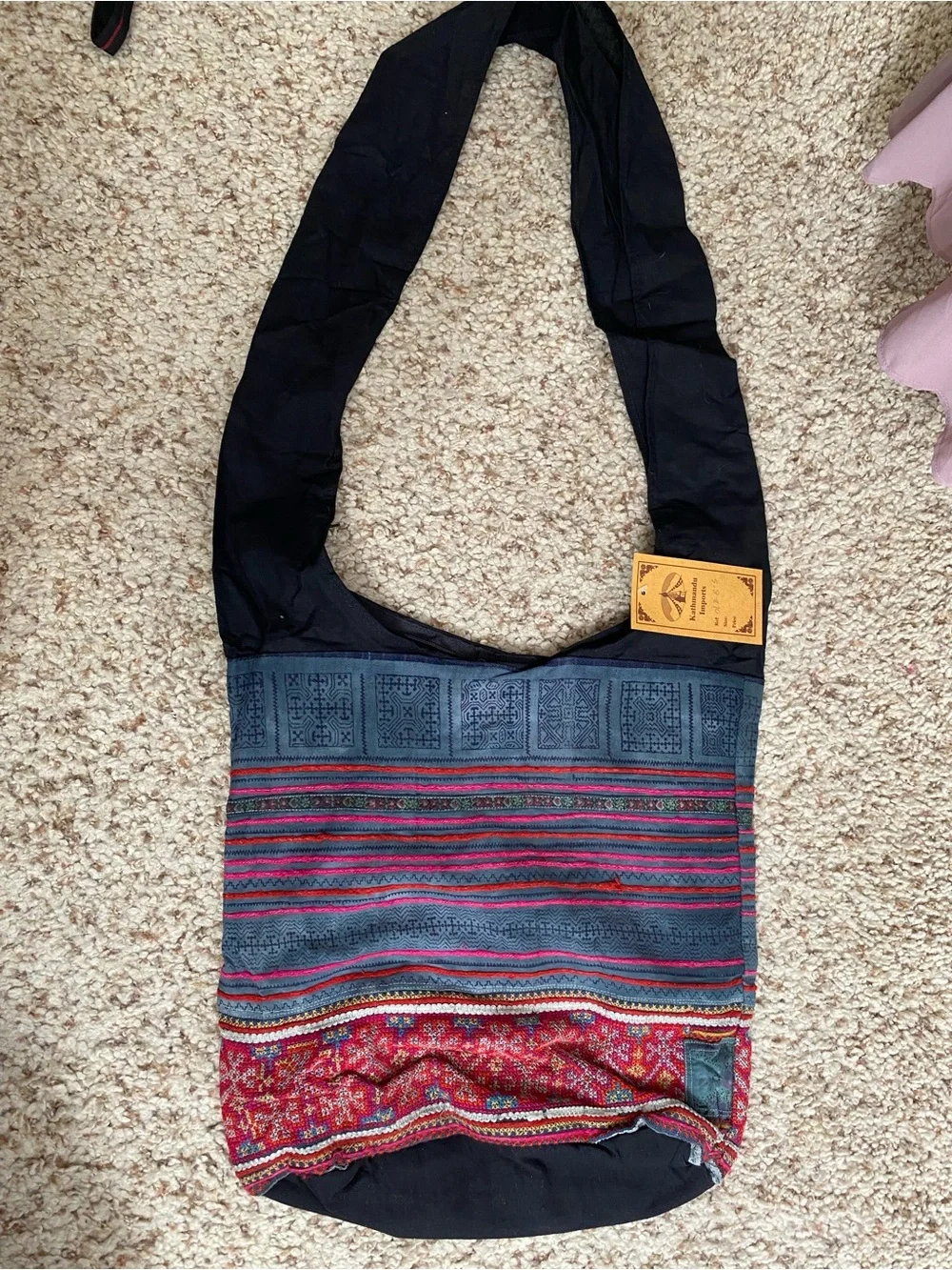 Bohemian Striped cross stitched Cotton Hobo Bag in Blue and Red